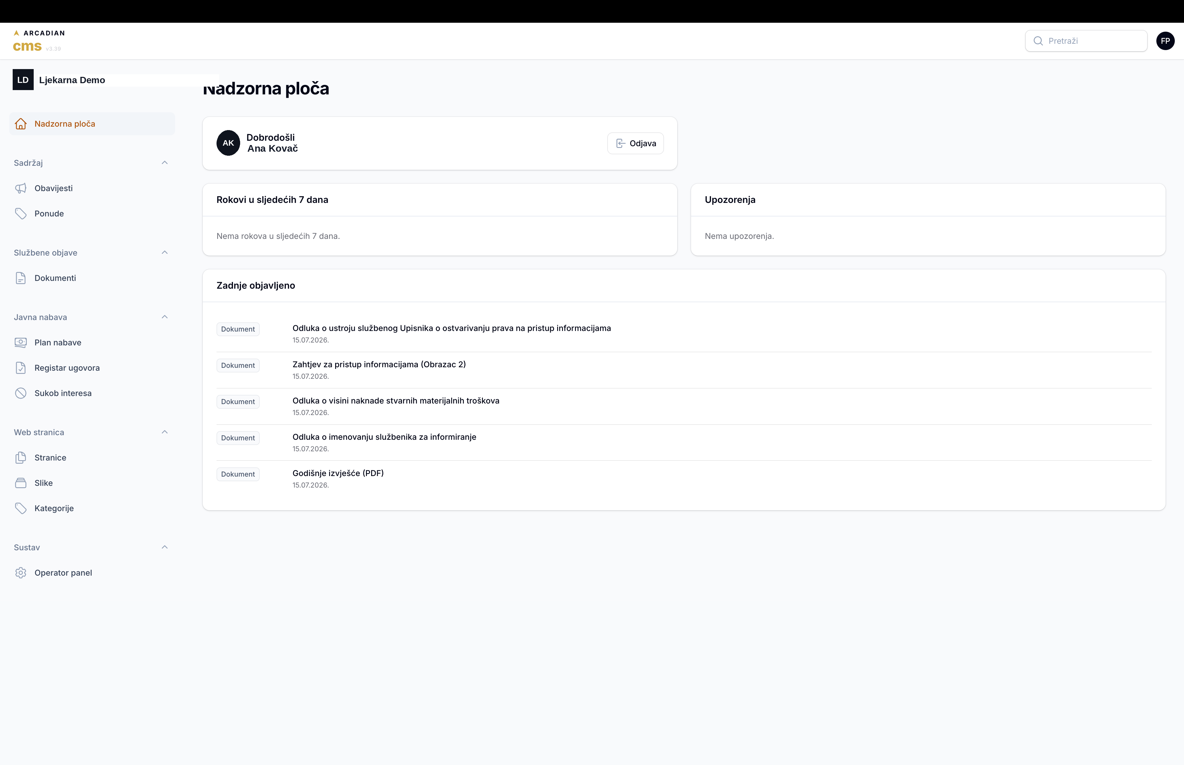 Nadzorna ploča Arcadian CMS-a: status objave, rokovi i upozorenja.